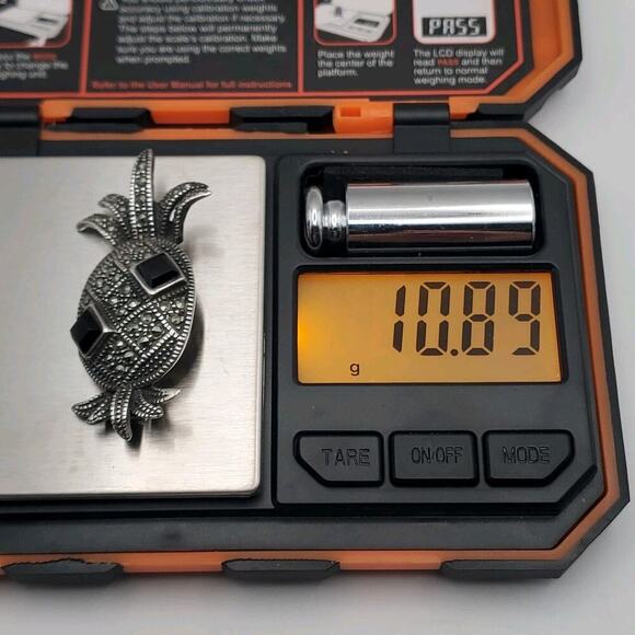 925 Sterling Silver Vintage Black Onyx & Marcasite Pineapple Art-Deco Pin Brooch - Picture 11 of 11